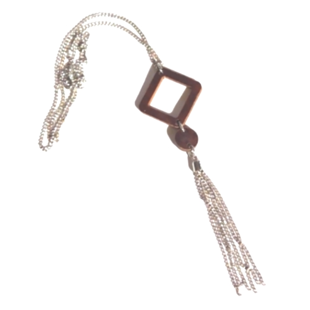 New Silver tone tassel Chain necklace with wood pendant
